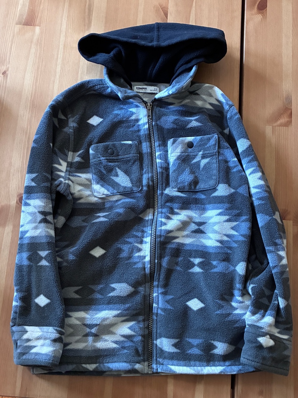 Sonoma Blue, Gray & White Patterned Fleece Hooded Jacket - Kids